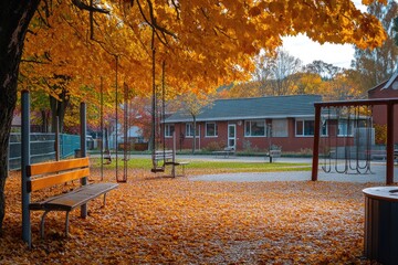 Tranquil Autumn Park with Swings and Benches Adorned by Golden Leaves