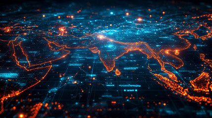 Fototapeta premium Digital map of Asia, concept of global network and connectivity, data transfer and cyber technology, business exchange, information and telecommunication