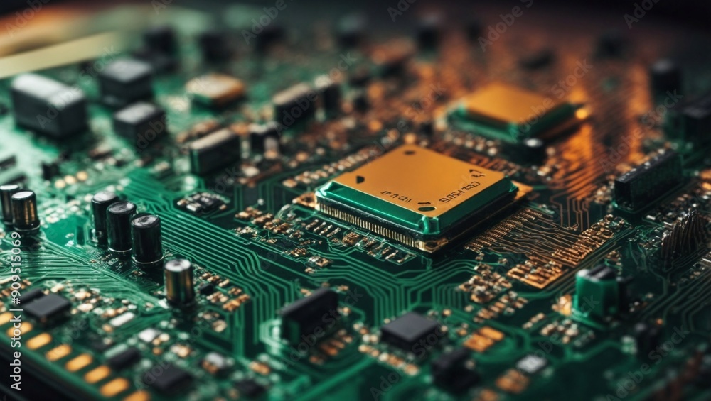 Poster circuit board closeup: a mesmerizing macro shot of a complex circuit board, showcasing the intricate