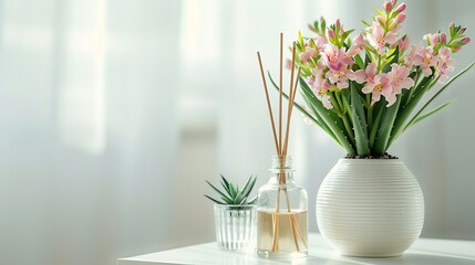 Composition of pink flowers incense sticks in a glass vase with essential oil still life on a white table aloe flower in a white pot