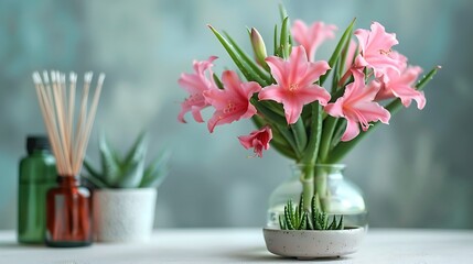 Composition of pink flowers incense sticks in a glass vase with essential oil still life on a white table aloe flower in a white pot