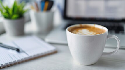 Coffee Break at the Desk: A close-up of a steaming cup of latte art coffee, a notepad, a pen, and a laptop in the background, capturing the essence of a cozy workspace.