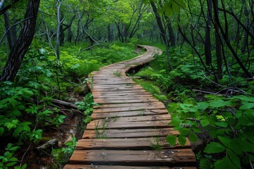 Fototapeta premium Pathway Through the Woods: A Wooden Trail Amongst Trees and Leaves