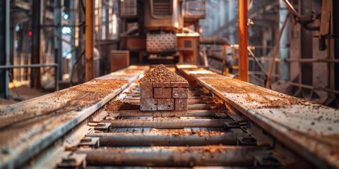 Wooden piece on conveyor belt in manufacturing plant for industrial production process with transportation of materials