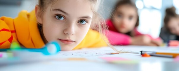 A focused child engages in creative art activities with bright colors and various supplies, showcasing youthful creativity and concentration.