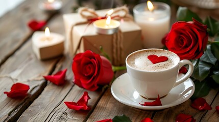 Cup of cappuccino with heart gift box candles and red roses on a wooden background