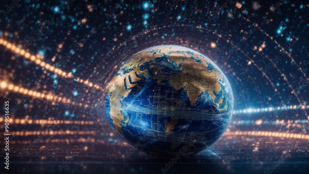 Poster global network convergence: earth at the heart of a luminous digital web, symbolizing global communi
