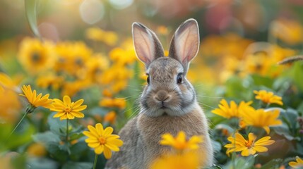 Bunny surrounded by vibrant yellow flowers in a beautiful garden
