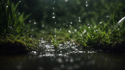 Fototapeta premium Nature's Refreshment: Raindrops dance on Lush Greenery 
