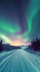 Majestic Northern Lights Dance Over Snowy Road in Winter Landscape at Dusk