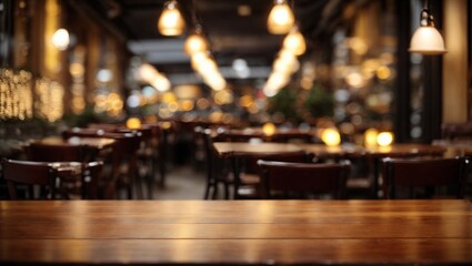 Empty Table in a Bustling Eatery: A warm, inviting restaurant interior beckons with its soft lighting and blurred patrons, while a pristine wooden table takes center stage, ready for your product or m