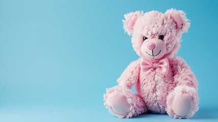 Cute pink bear doll with bow isolated on blue background