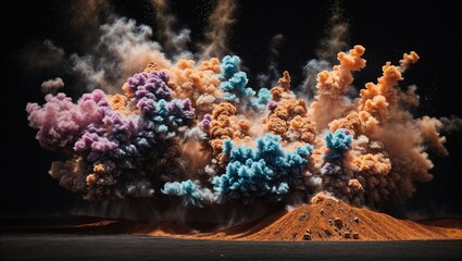 Erupting Colors: A vibrant explosion of colorful smoke billows against a stark black background, creating a dramatic and abstract visual. The swirling, dynamic forms evoke a sense of power and energy,