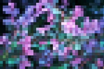 A pixelated image of a purple flower field. The image is a mix of different shades of purple and green, creating a vibrant and colorful scene