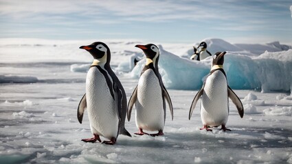 Obraz premium Penguins on Parade: A trio of emperor penguins gracefully navigate their icy domain, their sleek forms and curious gazes embodying the stark beauty of Antarctica. 
