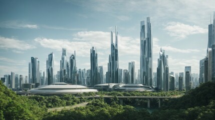 Naklejka premium Futuristic Cityscape: A breathtaking panorama of a futuristic metropolis, with towering skyscrapers reaching towards a bright, clear sky, showcasing a blend of technology and nature. 
