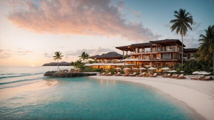 Fototapeta premium Tropical Paradise: A luxurious resort nestled on a pristine white sand beach, with crystal-clear turquoise waters lapping at its shores. The golden hour casts a warm glow over the scene, creating a br