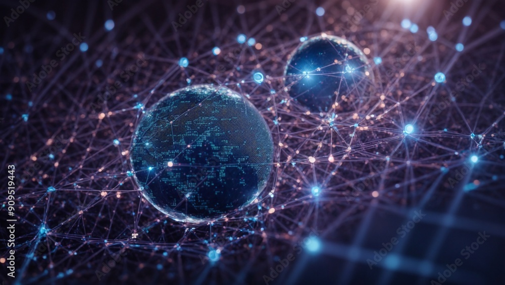 Poster global interconnectivity: a mesmerizing digital illustration of two glowing planets connected by a w