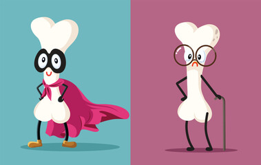 Healthy and Old Bone Character Vector Cartoon Illustration. Aging bones developing degenerative diseases
