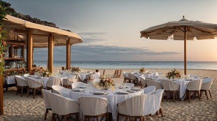 Obraz premium Beachside Elegance: A romantic and elegant wedding reception on a pristine beach, showcasing the stunning sunset backdrop and the tables set with white linens and floral arrangements. Capture the magi