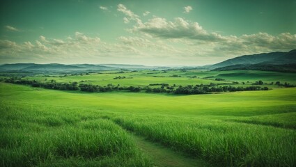 Obraz premium Serene Green Meadow: A breathtaking view of a verdant meadow under a vibrant sky, evoking tranquility and a sense of boundless possibility. 
