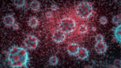Microscopic Battle: A 3D illustration of a microscopic battle, showcasing a swarm of virus particles in a crimson-hued environment, highlighting the relentless nature of microscopic pathogens and the 