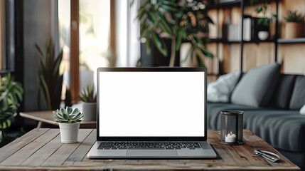 Fototapeta premium A sleek laptop with a blank screen sits open on a wooden table in a modern living room setting, ready for your content. A small potted plant, a candle holder, and glasses add a touch of warmth to the 