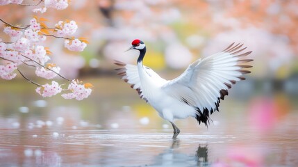 Obraz premium A crane wearing elegant dancing in a serene pond surrounded by cherry blossoms