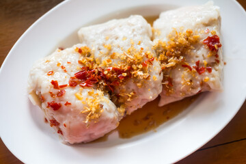 Steamed dumplings with spicy chili sauce. Top view