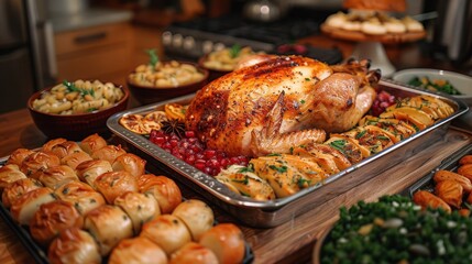 Fototapeta premium Complete Homemade Thanksgiving Feast with Turkey, Mashed Potatoes, Stuffing, Gravy, Cranberry Sauce, and Pie