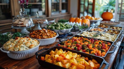 Obraz premium Complete Homemade Thanksgiving Feast with Turkey, Mashed Potatoes, Stuffing, Gravy, Cranberry Sauce, and Pie