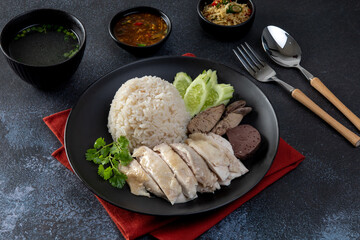 Steamed rice topped with chicken on a black stone background