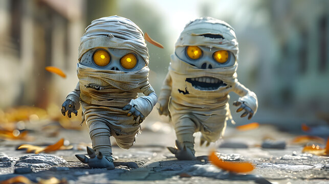 A group of cute mummies running and chasing each other