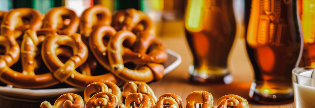 traditional pretzels and a mug of beer on a wooden table during the Oktoberfest festival