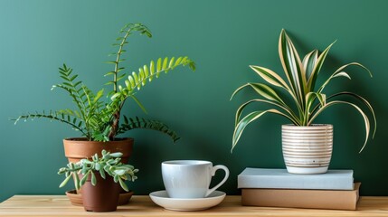 Fototapeta premium Green Plants on a Wooden Shelf with a Green Wall