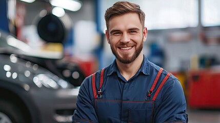 Obraz premium Portrait of handsome bearded mechanic in overalls standing in auto repair shop