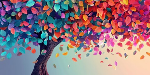 Colorful tree with leaves on hanging branches illustration background. 3d abstraction wallpaper