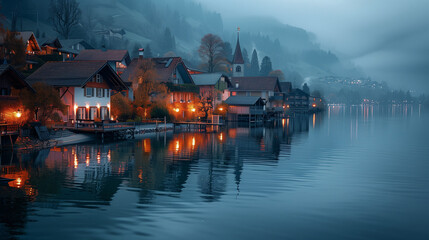 Obraz premium Serene Lakeside Village at Dusk With Illuminated Houses and Reflections on Water