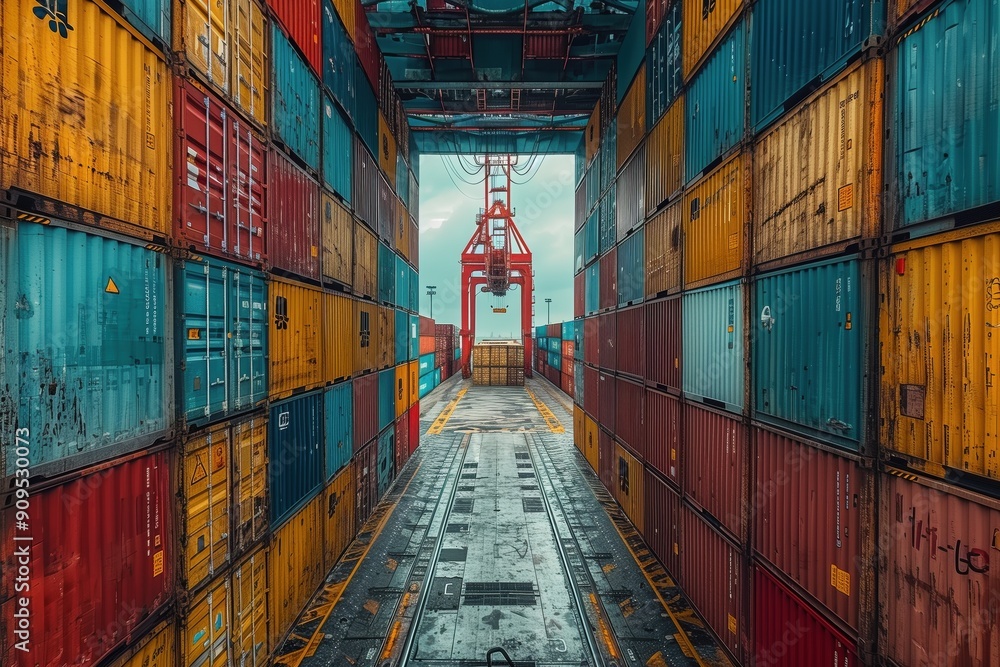 Poster container shipyard with stacked containers. view of a shipyard filled with colorful stacked shipping