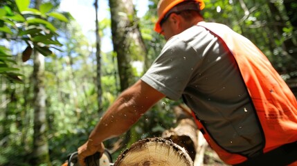 Closeup of a lumberjack cutting a tree with a chainsaw in a sunlit forest, emphasizing hard work and nature..