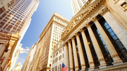 View of towering skyscrapers and historic buildings in New York City's Financial District, showcasing the heart of global finance..