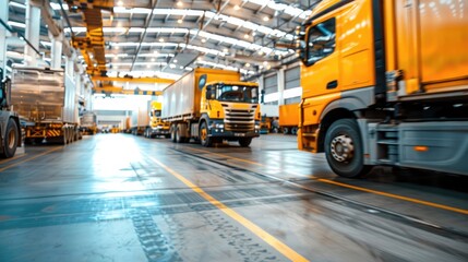 Naklejka premium Sunrise illuminates a warehouse interior with trucks ready for loading and unloading, highlighting logistics and supply chain operations..