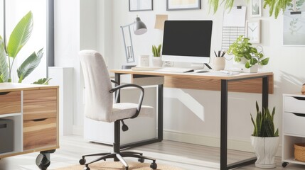 A minimalist home office setup featuring a sleek computer, gold lamp, and decorative plants, creating a stylish and serene workspace..