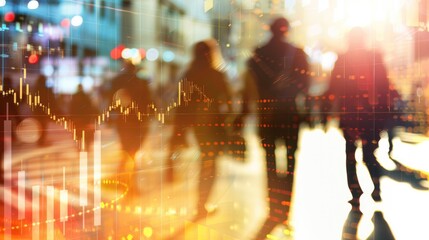 Abstract image of financial data charts overlaying a busy street scene with blurred pedestrians and city lights...