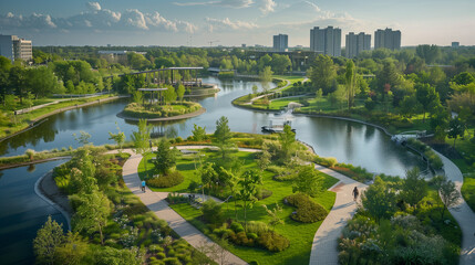 Fototapeta premium Lush Green Park With Scenic Pathways and Flowing River in Urban Setting During Bright Sunny Day