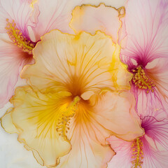 Beautiful yellow hibiscus flowers in the style of alcohol ink on a white background