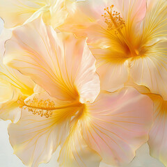Beautiful yellow hibiscus flowers in the style of alcohol ink on a white background