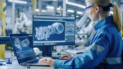 A female engineer uses CAD software to design mechanical parts, showcasing advanced technology and precision in a modern industrial setting..