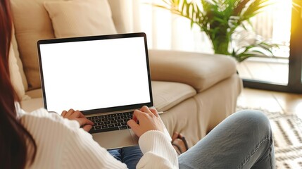 Fototapeta premium A woman types on a laptop with a blank screen while sitting on a cozy sofa, illustrating remote work and a comfortable home office setting..