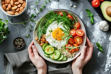 Top view of a healthy breakfast bowl featuring fresh vegetables, an egg, almonds, and microgreens, ideal for a nutritious start to the day..